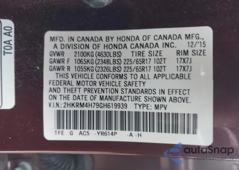2016 Honda Cr-V Ex-L z USA, uszkodzony, nr VIN 2HKRM4H79GH619939